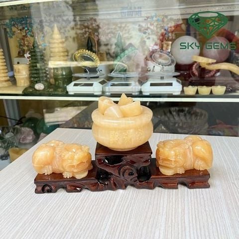 Combo Tượng Tỳ Hưu Chầu Bát Tụ Bảo Ngọc Hoàng Long Dáng Nằm