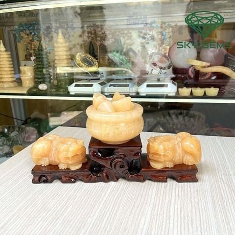 Combo Tượng Tỳ Hưu Chầu Bát Tụ Bảo Ngọc Hoàng Long Dáng Nằm