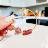  Lắc Tay Vàng Cỏ 4 Lá Mix Ngũ Điếu Thạch Anh Dâu Hồng 