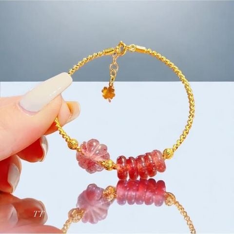Lắc Tay Vàng Cỏ 4 Lá Mix Ngũ Điếu Thạch Anh Dâu Hồng