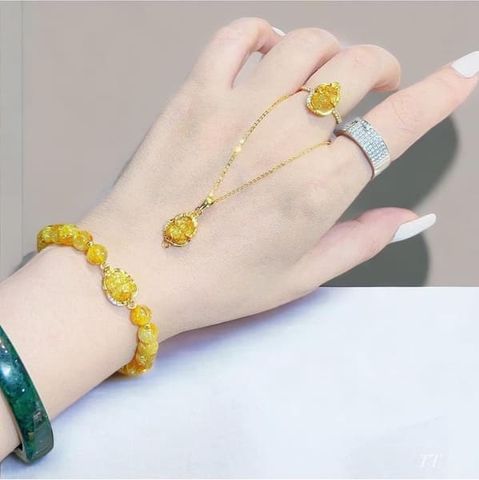 Set Trang Sức Tỳ Hưu Thạch Anh Tóc Vàng Bọc Vàng
