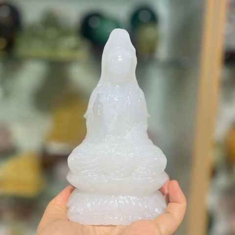 Tượng Phật Quan Âm Bạch Ngọc Cao 15cm