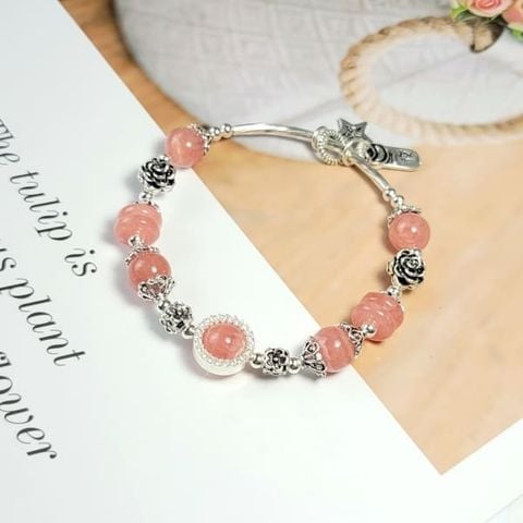 Vòng Tay Đá Đào Hoa mix Đồng Điếu Charm Bạc