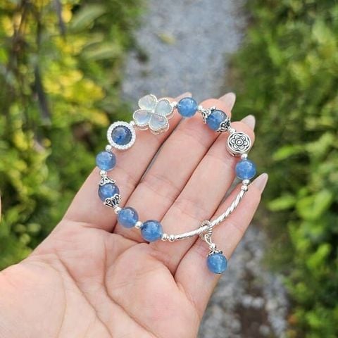 Vòng Tay Aquamarine Mix Cỏ 4 Lá Bọc Bạc