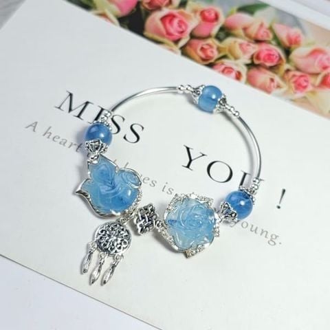 Vòng Tay Hồ Ly Mẫu Đơn Aquamarine Charm Bạc