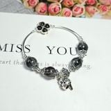  Vòng Tay Cỏ 4 Lá Thạch Anh Tóc Đen Mix Charm Bạc 