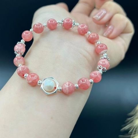 Vòng Tay Đá Đào Hoa Mix Ngọc Trai và Charm Bạc
