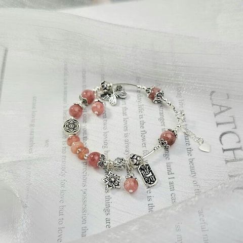Vòng Tay Đá Đào Hoa Mix Điếu Charm Bạc