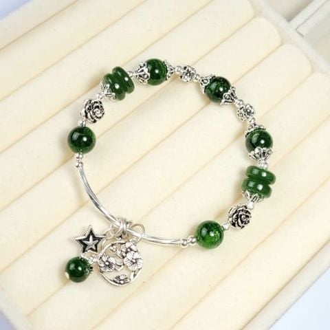 Vòng Tay Diopside Mix Điếu Ngọc Bích Charm Bạc