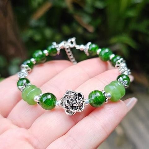 Vòng Tay Diopside Mix Đồng Điếu Ngọc Bích Charm Bạc ta chuẩn tự nhiên