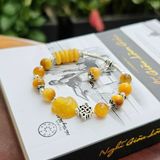  Vòng Tay Hồ Ly Mắt Hổ Vàng Tâm Mix Ngũ Điếu & Charm Bạc 