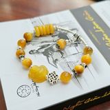  Vòng Tay Hồ Ly Mắt Hổ Vàng Tâm Mix Ngũ Điếu & Charm Bạc 