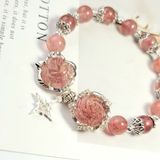  Vòng Tay Hồ Ly Hoa Mẫu Đơn Thạch Anh Dâu Hồng Mix Charm bạc 