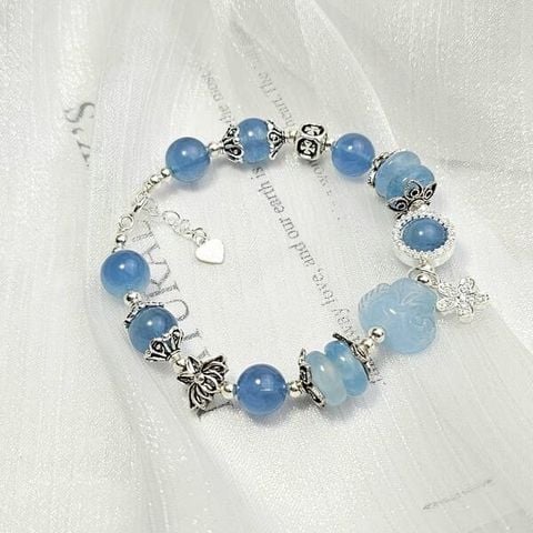 Vòng Tay Hồ Ly Mix Điếu Aquamarine Charm Bạc