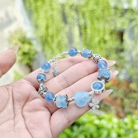 Vòng Tay Hồ Ly Mix Điếu Aquamarine Charm Bạc