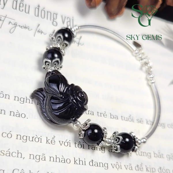  Vòng Tay Hồ Ly Thạch Anh Đen Mix Bạc 
