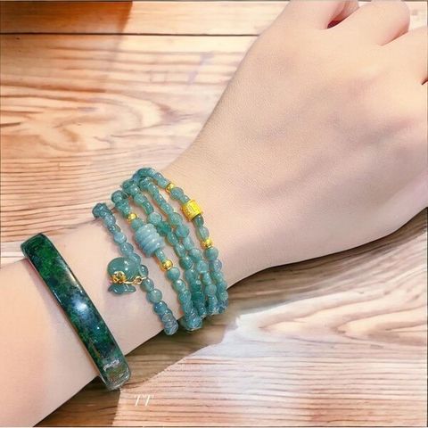 Vòng Tay Lam Ngọc Dẹt Mix Charm Vàng 24k