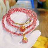  Vòng Tay Thạch Anh Dâu Hồng Mix Charm Vàng Túi Tiền Đồng Điếu 