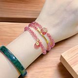  Vòng Tay Thạch Anh Dâu Hồng Mix Charm Vàng Túi Tiền Đồng Điếu 