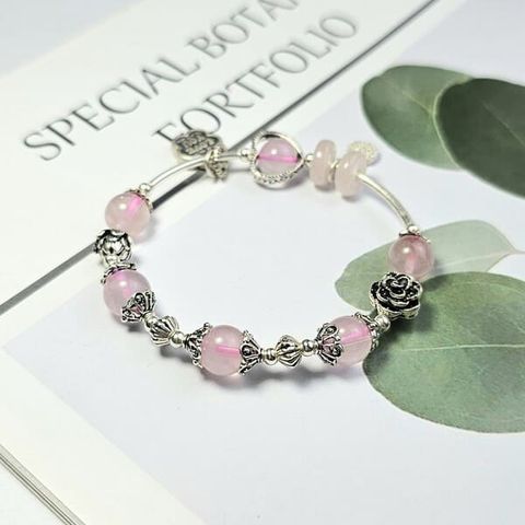 Vòng Tay Thạch Anh Hồng Mix Charm Bạc