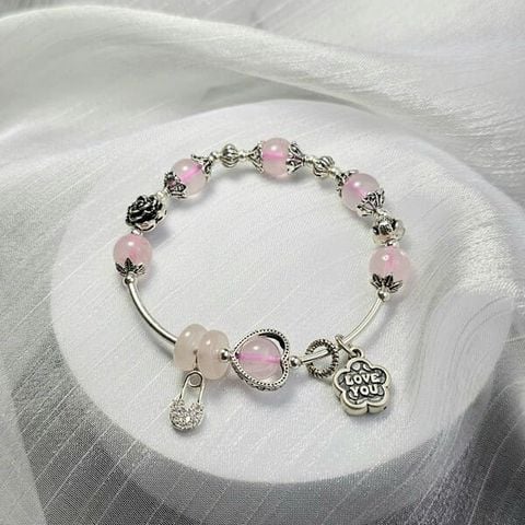 Vòng Tay Thạch Anh Hồng Mix Charm Bạc
