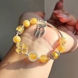  Vòng Tay Thạch Anh Tóc Vàng Mix Cỏ 4 Lá Charm Bạc 