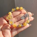  Vòng Tay Thạch Anh Tóc Vàng Mix Cỏ 4 Lá Charm Bạc 