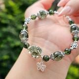  Vòng Tay Thạch Anh Tóc Xanh Mix Tỳ Hưu Charm Bạc 