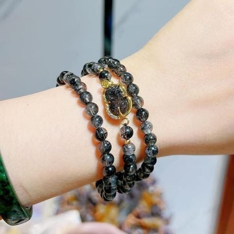 Vòng Tay Thạch Anh Tóc Đen Mix Tỳ Hưu Bọc Vàng