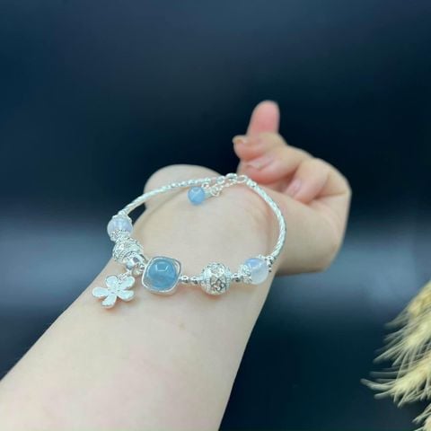 Vòng Tay Đá Aquamarine Mix Đá Mặt Trăng và Charm Bạc