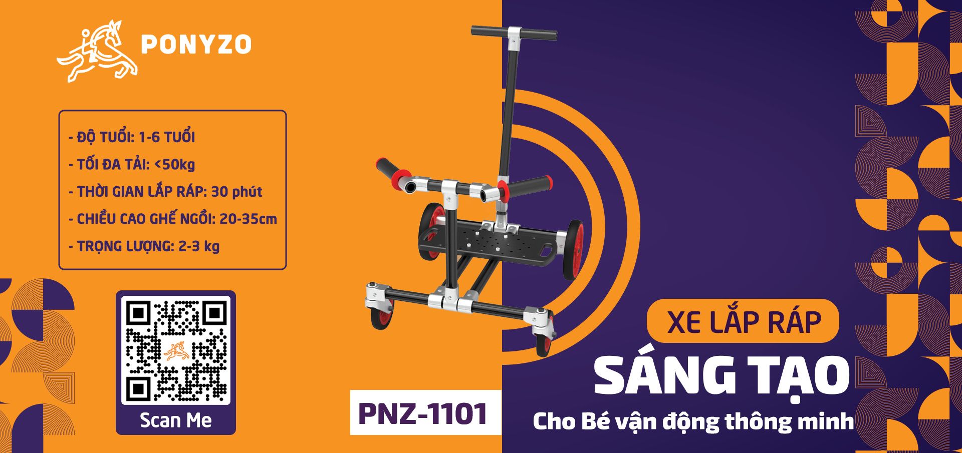  Xe đẩy Ponyzo-1101 Đồ chơi lắp ráp sáng tạo cho bé vận động thông minh 