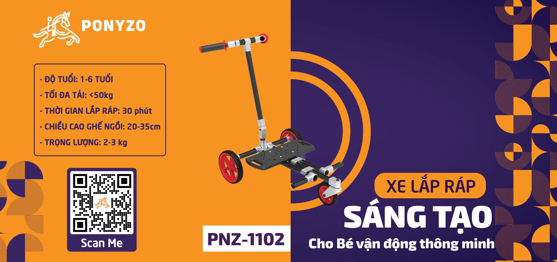  Xe đẩy Ponyzo-1102 Đồ chơi lắp ráp sáng tạo cho bé vận động thông minh 
