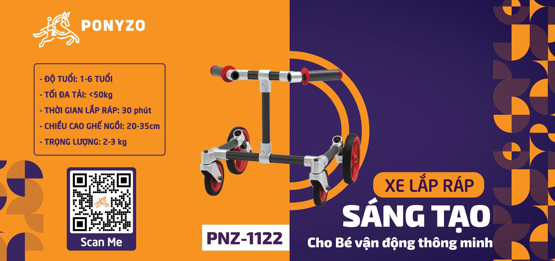  Xe tập đi Ponyzo-1122 Đồ chơi lắp ráp sáng tạo cho bé vận động thông minh 