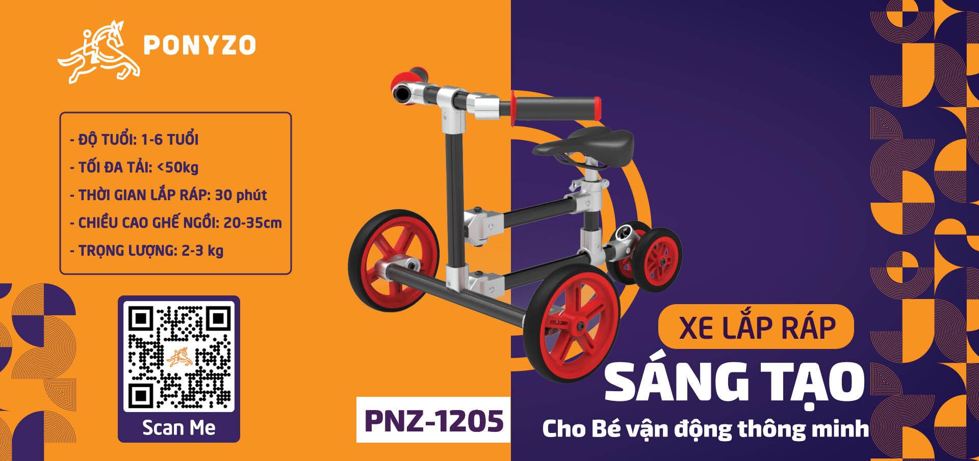  Xe chòi chân Ponyzo-1205 Đồ chơi lắp ráp sáng tạo cho bé vận động thông minh 