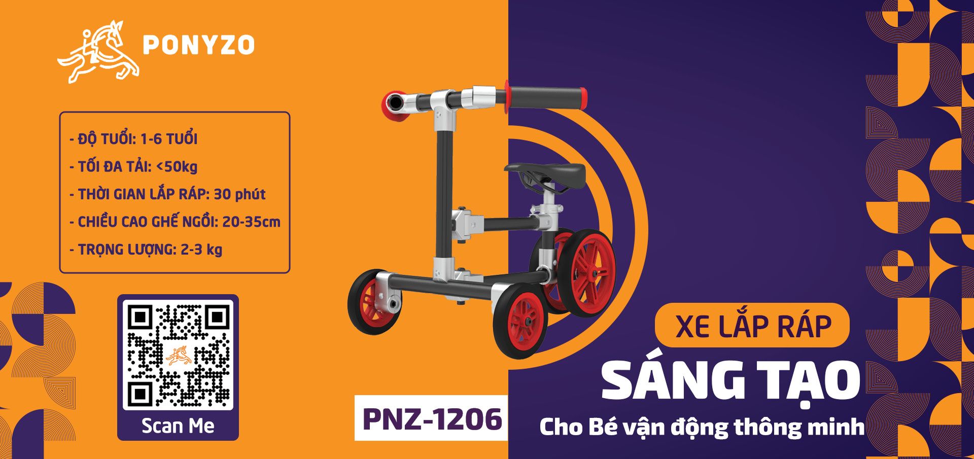  Xe chòi chân Ponyzo-1206 Đồ chơi lắp ráp sáng tạo cho bé vận động thông minh 