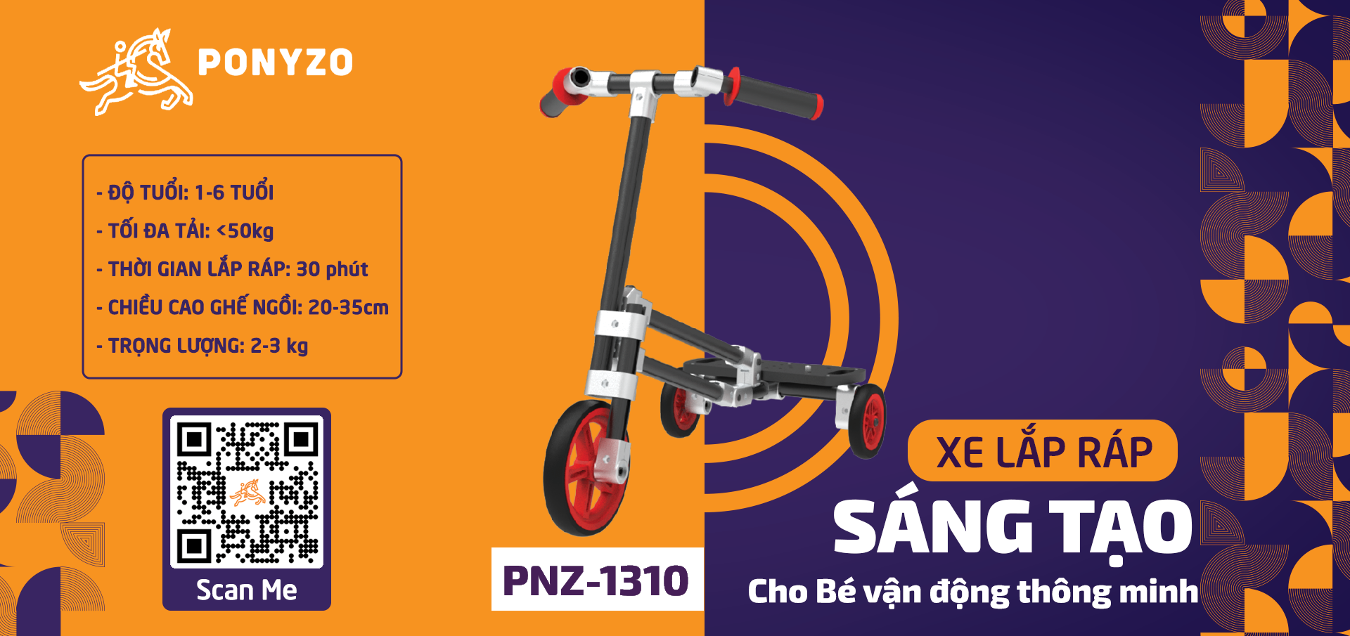  Xe scooter Ponyzo-1310 Đồ chơi lắp ráp sáng tạo cho bé vận động thông minh 