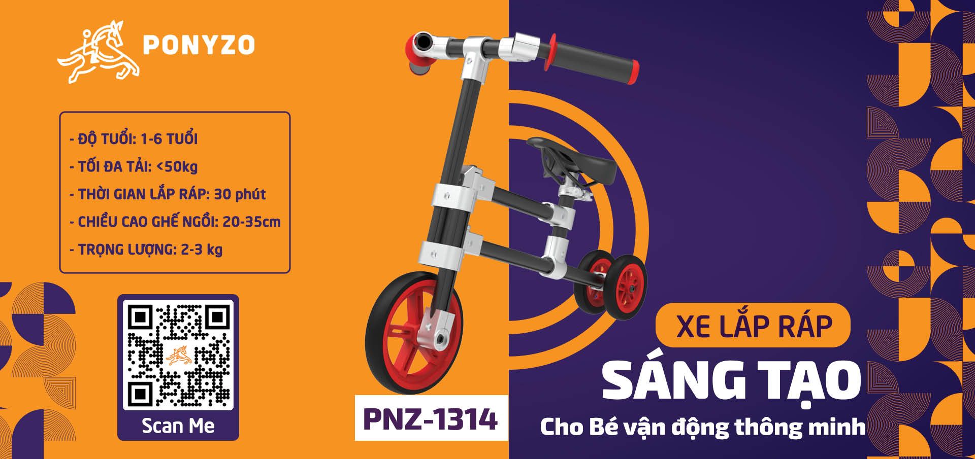  Xe cân bằng Ponyzo-1314 Đồ chơi lắp ráp sáng tạo cho bé vận động thông minh 