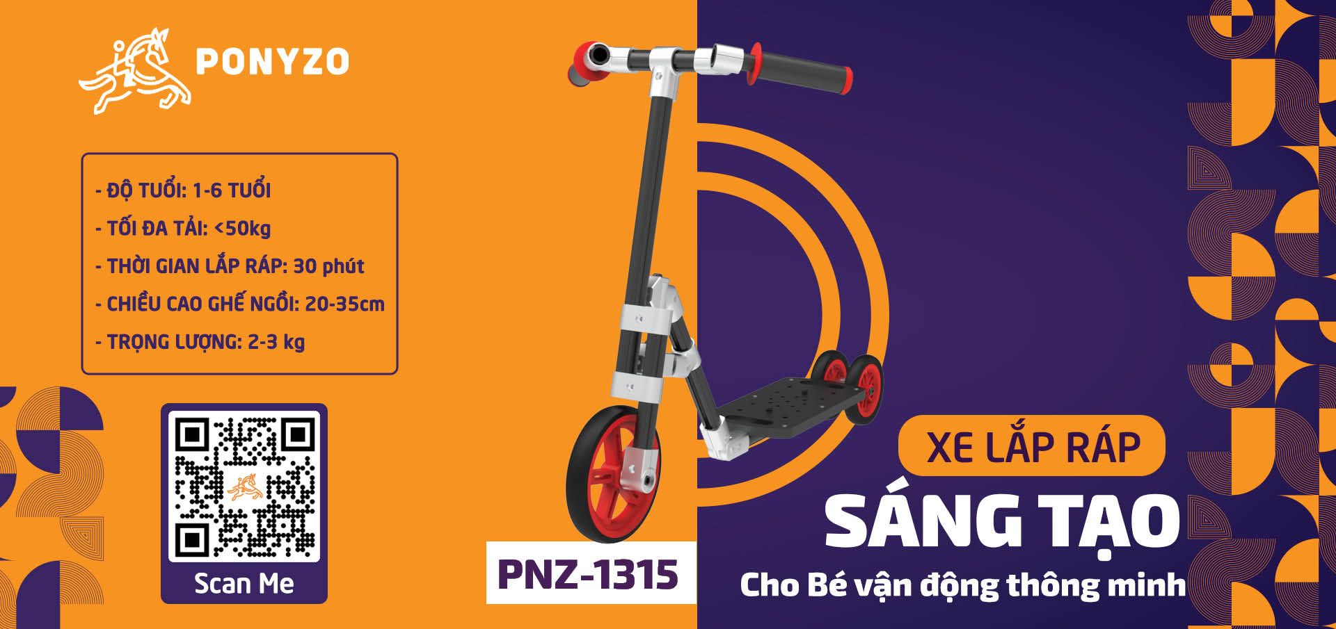  Xe scooter Ponyzo-1315 Đồ chơi lắp ráp sáng tạo cho bé vận động thông minh 