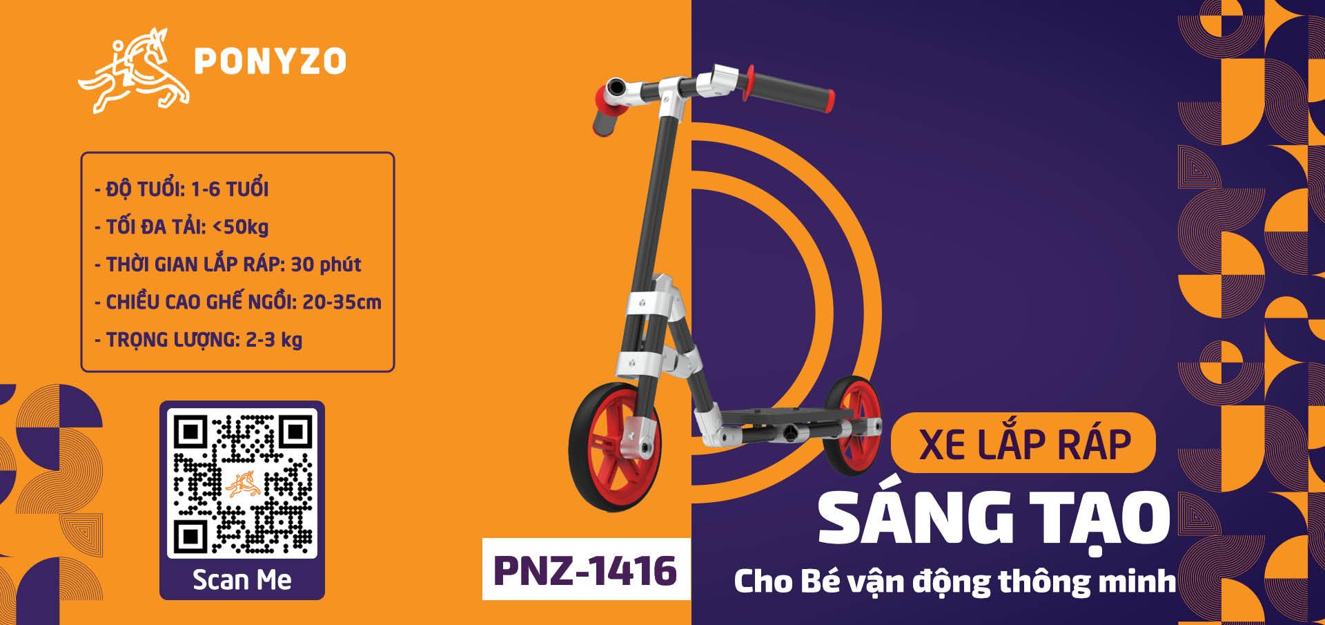  Xe scooter Ponyzo-1416 Đồ chơi lắp ráp sáng tạo cho bé vận động thông minh 