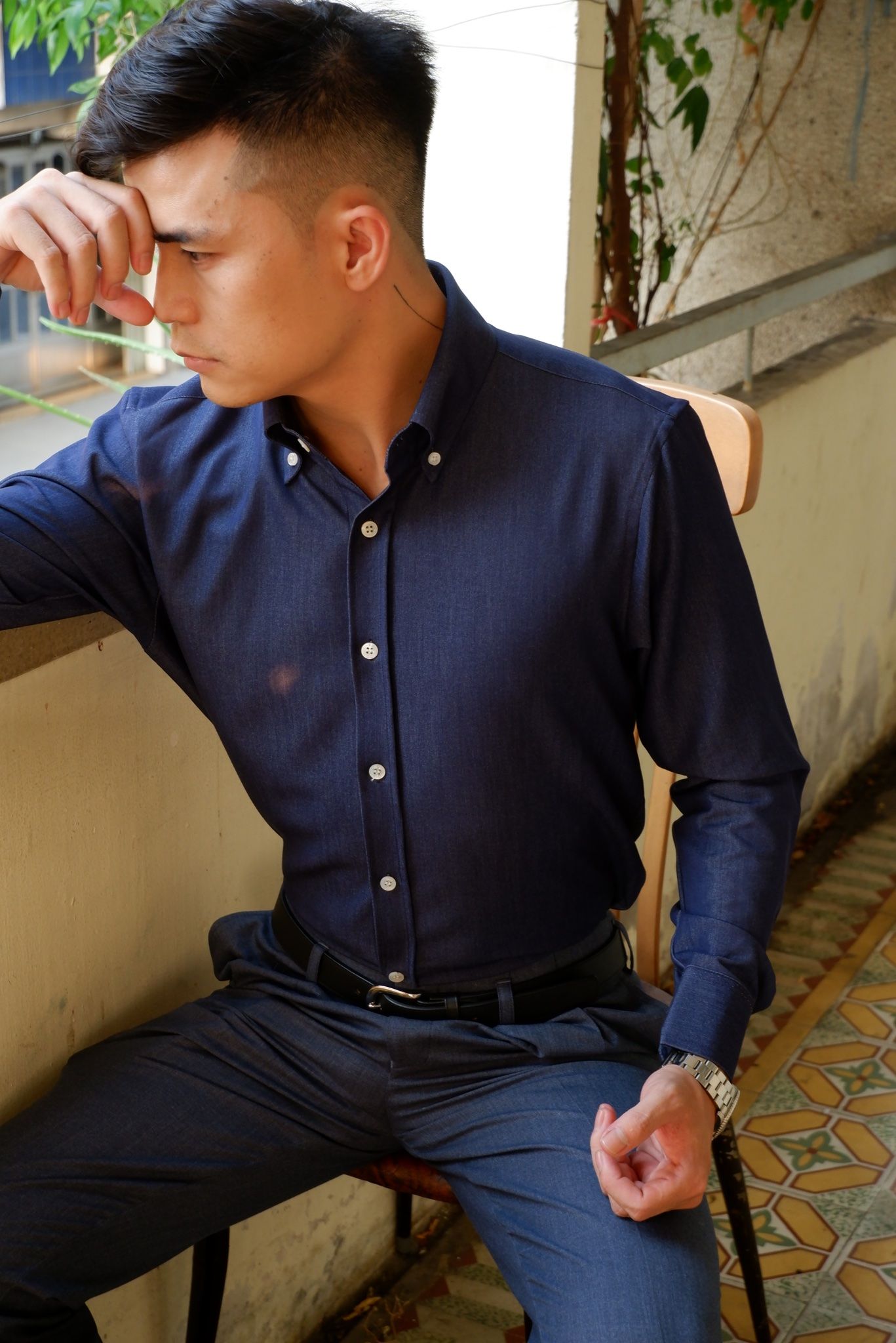  Sơ Mi Đậm Chambray cổ Button down 