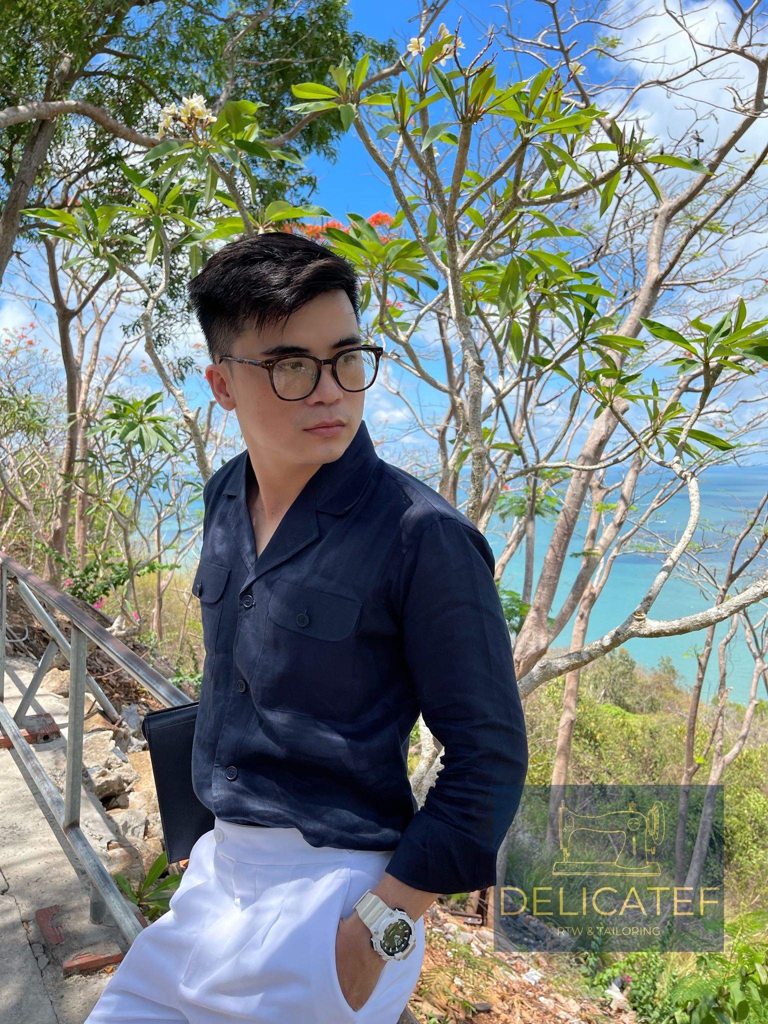  Sơ Mi Linen Xanh Navy - Cổ Cuban 