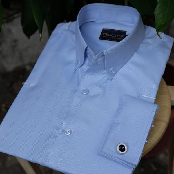  Sơ mi xanh xương cá herringbone tay cufflinks 