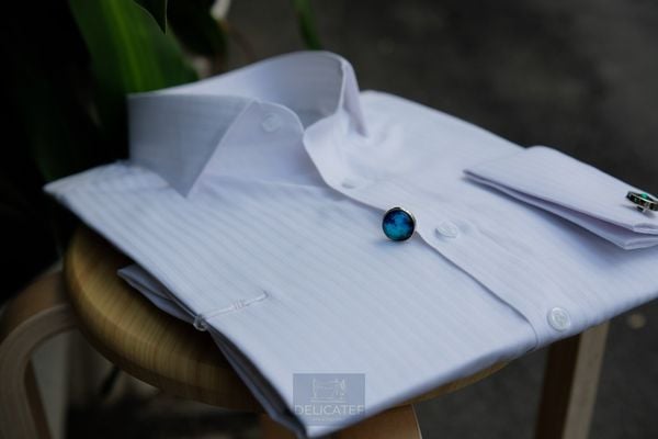  Sơ Mi Trắng Gân Chìm Xương Cá tay Cufflinks 