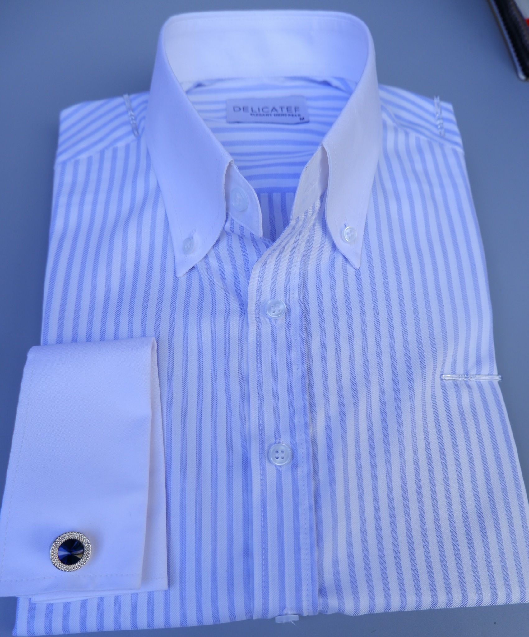  Sơ Mi Xanh Kẻ Lớn tay Cufflink cổ Button Down 