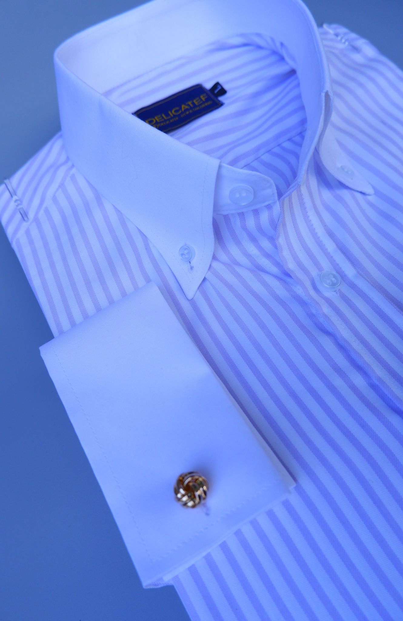  Sơ Mi Tím nhạt Kẻ Lớn tay Cufflink cổ Button Down 