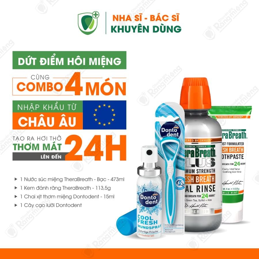 Combo 4 món dành cho tình trạng hôi miệng, Gồm kem đánh răng, nước súc miệng, xịt thơm miệng, cây cạo lưỡi