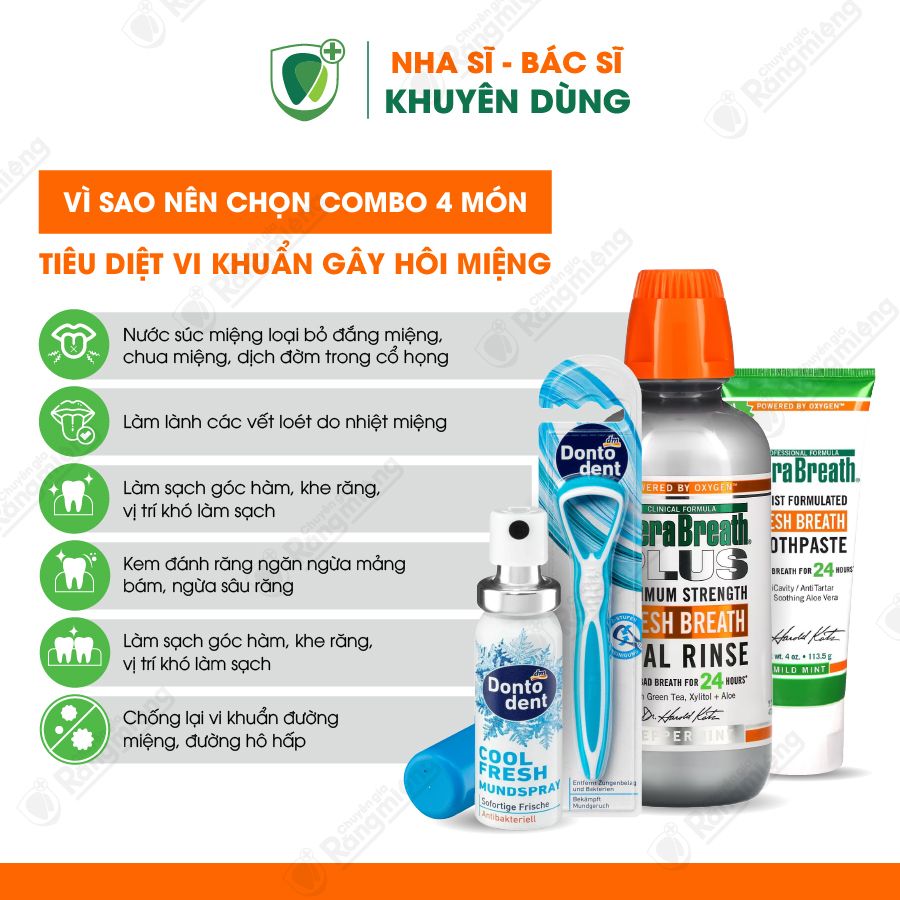 Combo 4 món dành cho tình trạng hôi miệng, Gồm kem đánh răng, nước súc miệng, xịt thơm miệng, cây cạo lưỡi