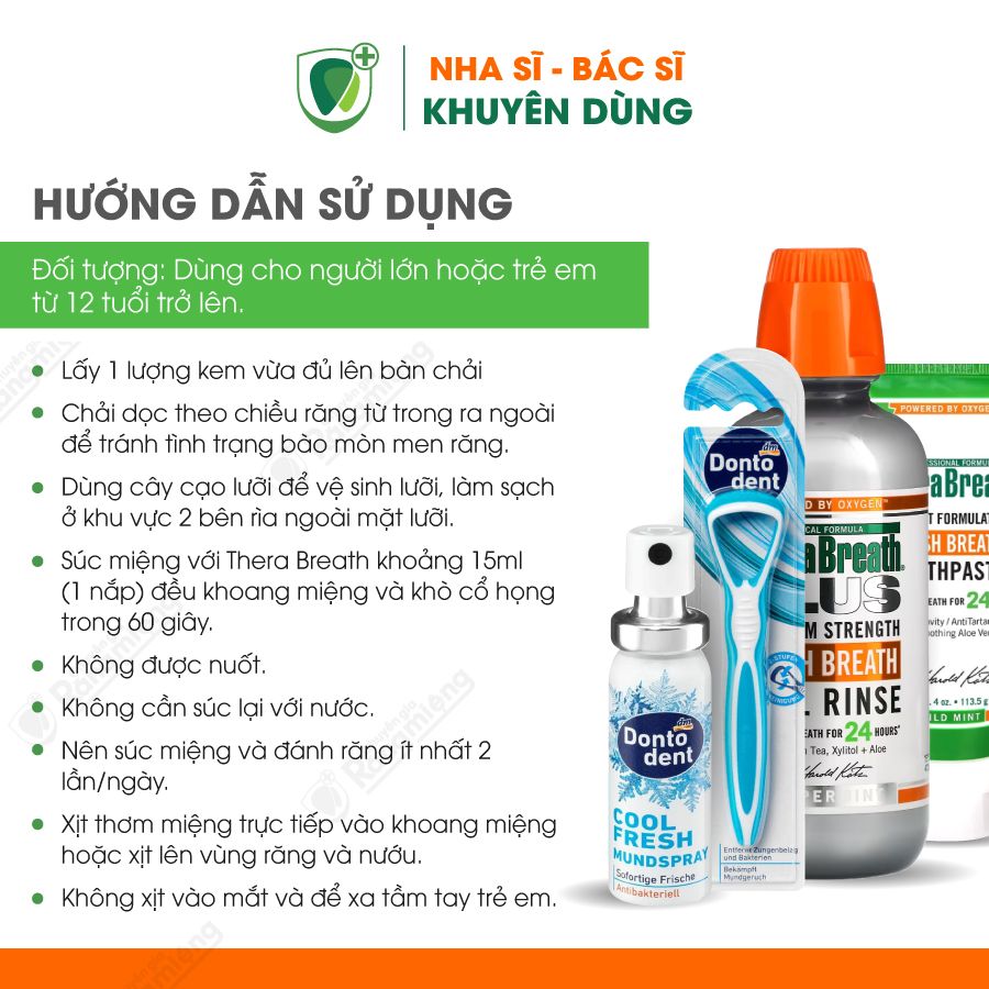 Combo 4 món dành cho tình trạng hôi miệng, Gồm kem đánh răng, nước súc miệng, xịt thơm miệng, cây cạo lưỡi