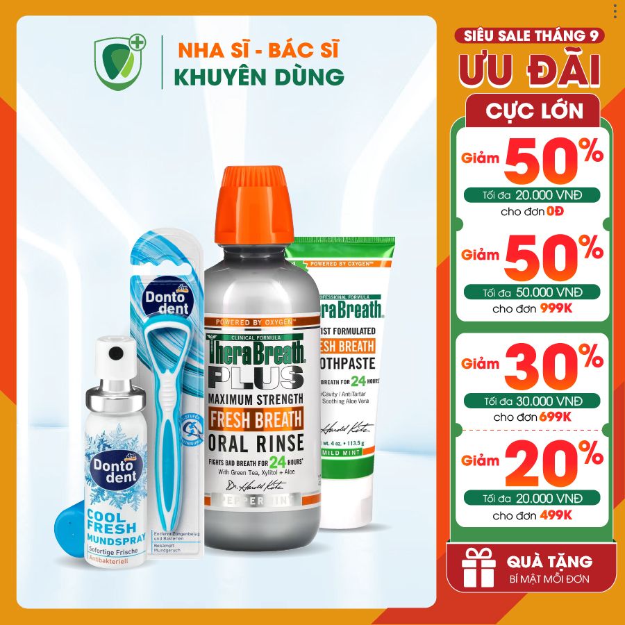 Combo 4 món dành cho tình trạng hôi miệng, Gồm kem đánh răng, nước súc miệng, xịt thơm miệng, cây cạo lưỡi