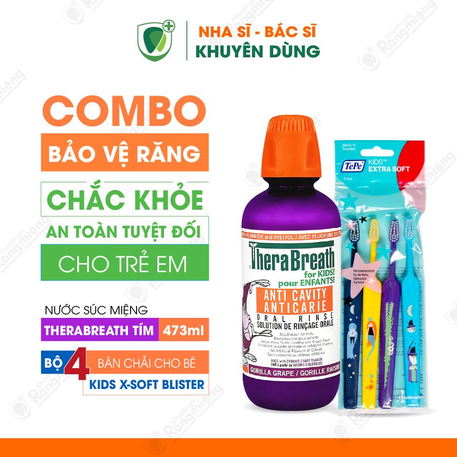 Combo ngừa sâu răng cho bé, Gồm nước súc miệng TheraBreath For Kids! và bộ 4 bàn chải Tepe Kids X-Soft Blister - Trẻ 6 tuổi